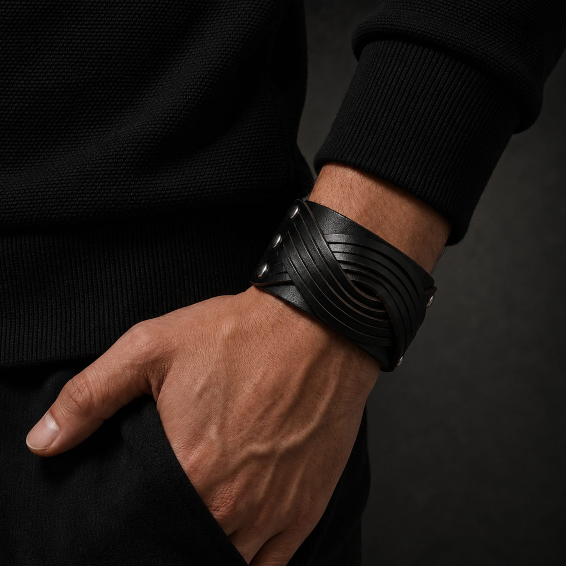 THE MEN THING Leather Bracelet TWISTBOUND BLACK - Genuine Braided Leather Bracelet Set for Men & Boys (8 inch)