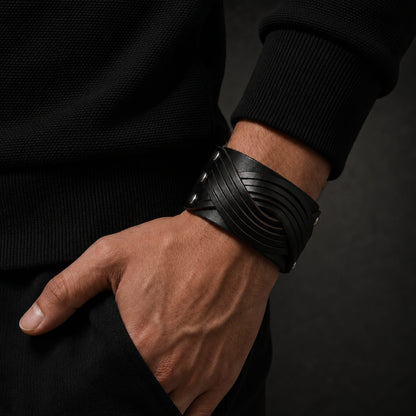 THE MEN THING Leather Bracelet TWISTBOUND BLACK - Genuine Braided Leather Bracelet Set for Men & Boys (8 inch)