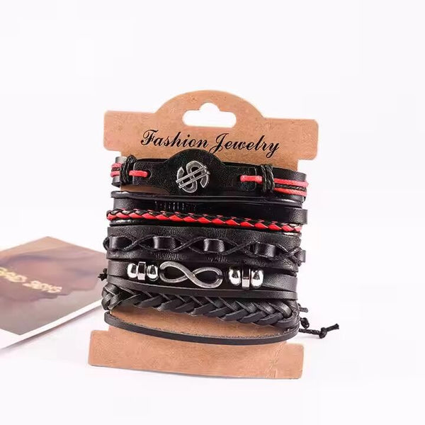 URBAN DOLLAR -  5 Pcs Genuine Braided Leather Bracelet Set for Men & Boys (8 inch)