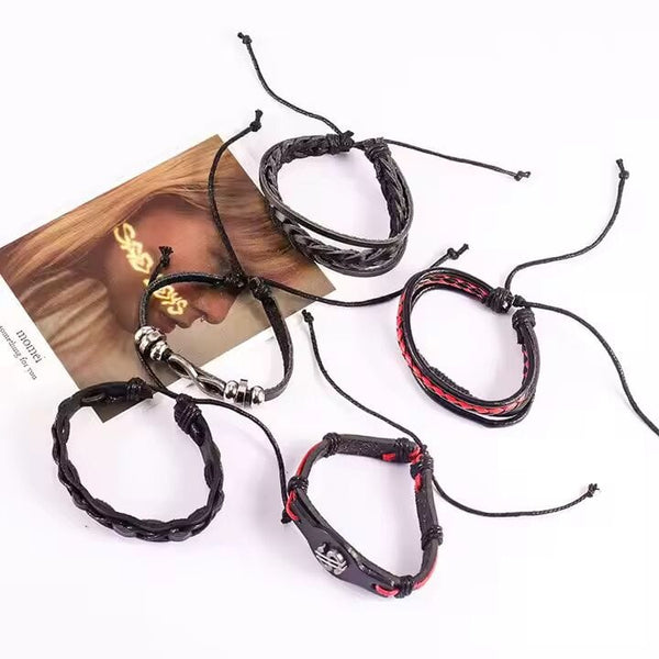 URBAN DOLLAR -  5 Pcs Genuine Braided Leather Bracelet Set for Men & Boys (8 inch)