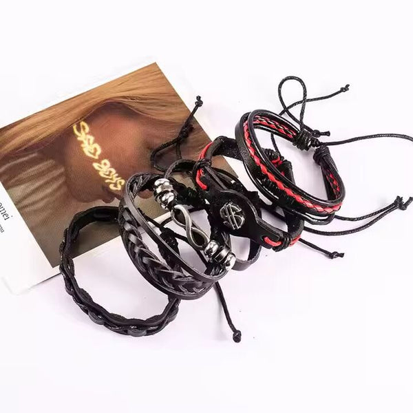 URBAN DOLLAR -  5 Pcs Genuine Braided Leather Bracelet Set for Men & Boys (8 inch)