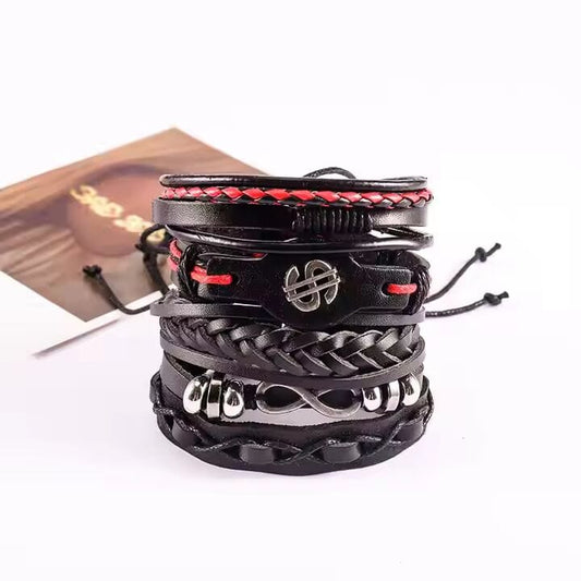 THE MEN THING Leather Bracelet URBAN DOLLAR -  5 Pcs Genuine Braided Leather Bracelet Set for Men & Boys (8 inch)