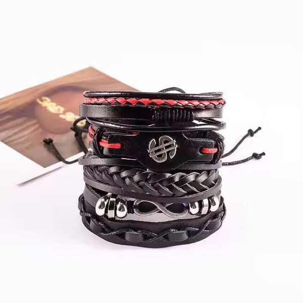 URBAN DOLLAR -  5 Pcs Genuine Braided Leather Bracelet Set for Men & Boys (8 inch)