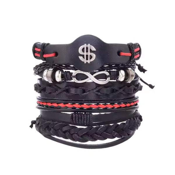 URBAN DOLLAR -  5 Pcs Genuine Braided Leather Bracelet Set for Men & Boys (8 inch)