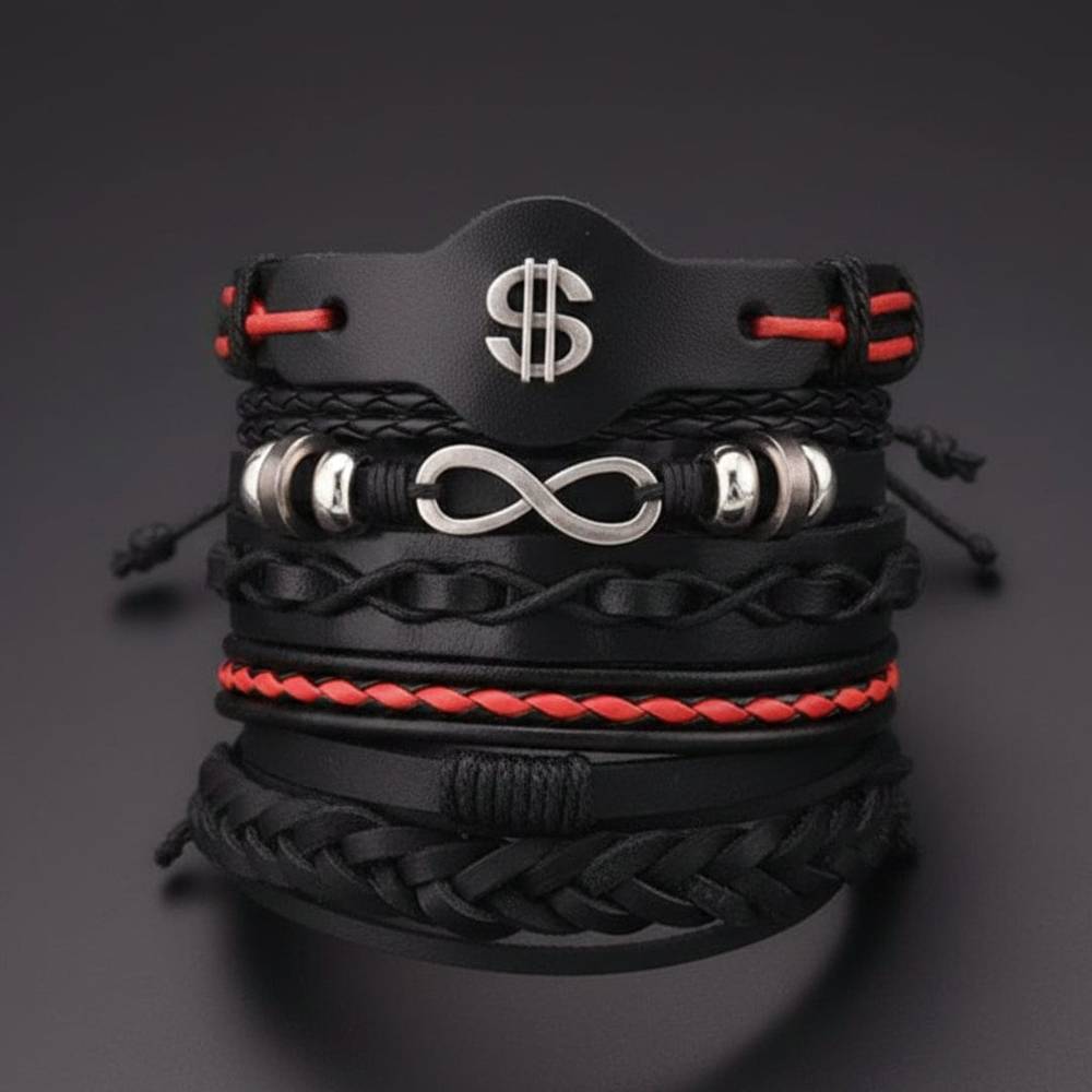 THE MEN THING Leather Bracelet URBAN DOLLAR -  5 Pcs Genuine Braided Leather Bracelet Set for Men & Boys (8 inch)