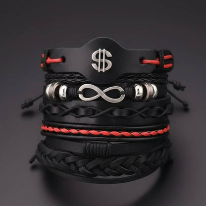 THE MEN THING Leather Bracelet URBAN DOLLAR -  5 Pcs Genuine Braided Leather Bracelet Set for Men & Boys (8 inch)