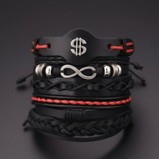 THE MEN THING Leather Bracelet URBAN DOLLAR -  5 Pcs Genuine Braided Leather Bracelet Set for Men & Boys (8 inch)