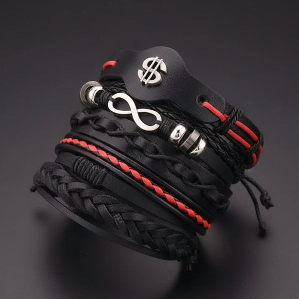 URBAN DOLLAR -  5 Pcs Genuine Braided Leather Bracelet Set for Men & Boys (8 inch)