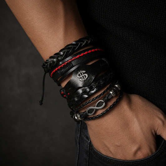 THE MEN THING Leather Bracelet URBAN DOLLAR -  5 Pcs Genuine Braided Leather Bracelet Set for Men & Boys (8 inch)