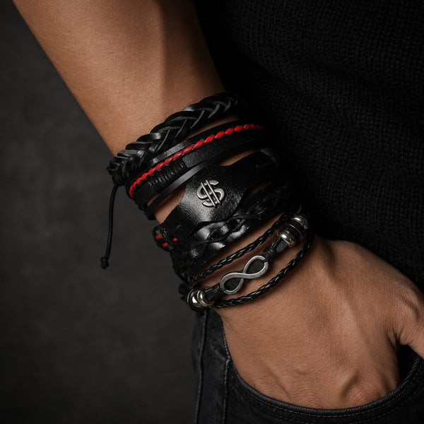 URBAN DOLLAR -  5 Pcs Genuine Braided Leather Bracelet Set for Men & Boys (8 inch)