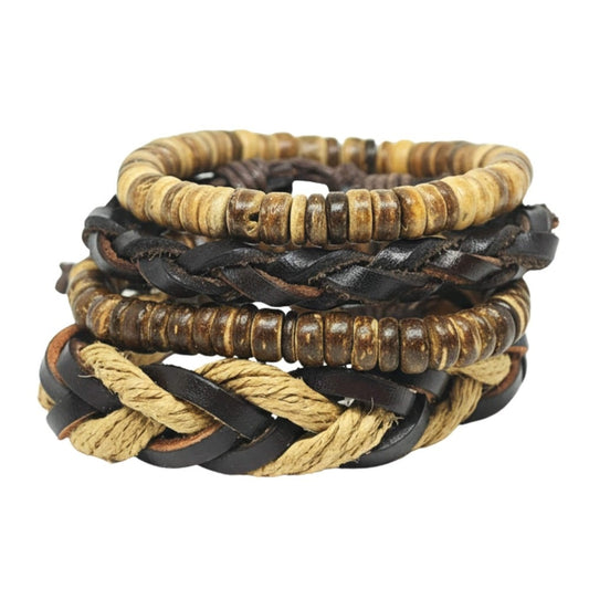 THE MEN THING Leather Bracelet URBAN NOMAD - 4 Pcs Brown Genuine Leather Adjustable Bracelet Set for Men & Boys (8 inch)