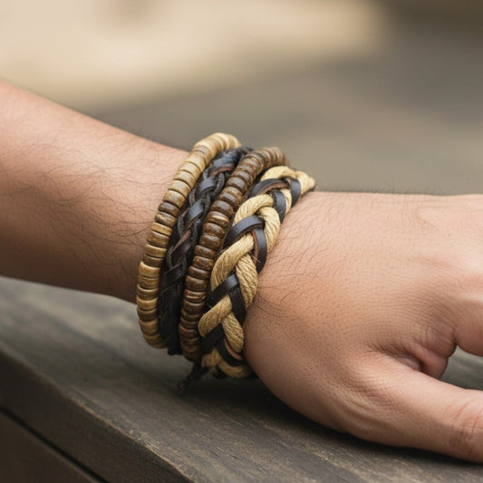 THE MEN THING Leather Bracelet URBAN NOMAD - 4 Pcs Brown Genuine Leather Adjustable Bracelet Set for Men & Boys (8 inch)