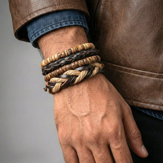 THE MEN THING Leather Bracelet URBAN NOMAD - 4 Pcs Brown Genuine Leather Adjustable Bracelet Set for Men & Boys (8 inch)