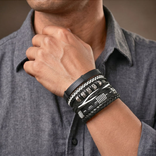 THE MEN THING Leather Bracelet URBAN STACK - 6 Pcs Genuine Leather Adjustable Bracelet for Men & Boys