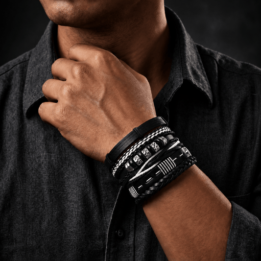 THE MEN THING Leather Bracelet URBAN STACK - 6 Pcs Genuine Leather Adjustable Bracelet for Men & Boys