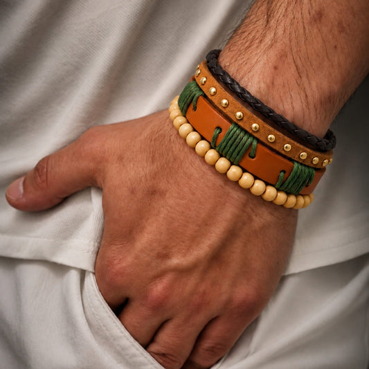 THE MEN THING Leather Bracelet URBAN TRIBE STACK - 3Pcs Genuine Leather Adjustable Bracelets Set for Men & Boys
