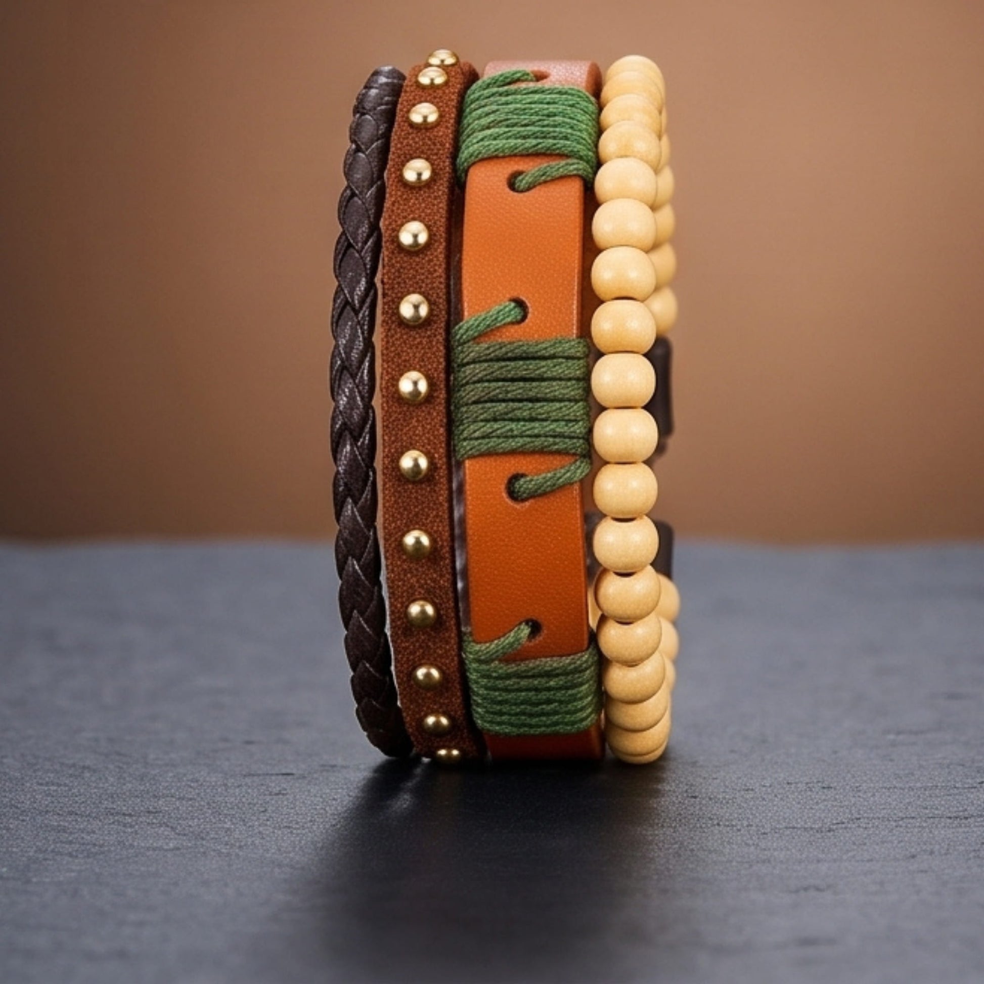 THE MEN THING Leather Bracelet URBAN TRIBE STACK - 3Pcs Genuine Leather Adjustable Bracelets Set for Men & Boys