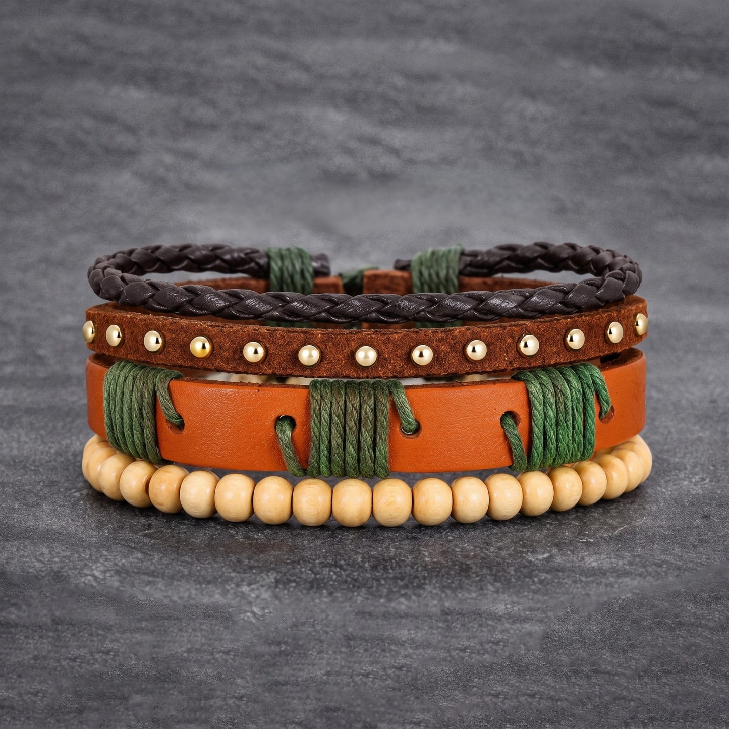 THE MEN THING Leather Bracelet URBAN TRIBE STACK - 3Pcs Genuine Leather Adjustable Bracelets Set for Men & Boys