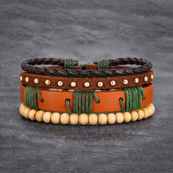 URBAN TRIBE STACK - 3Pcs Genuine Leather Adjustable Bracelets Set for Men & Boys