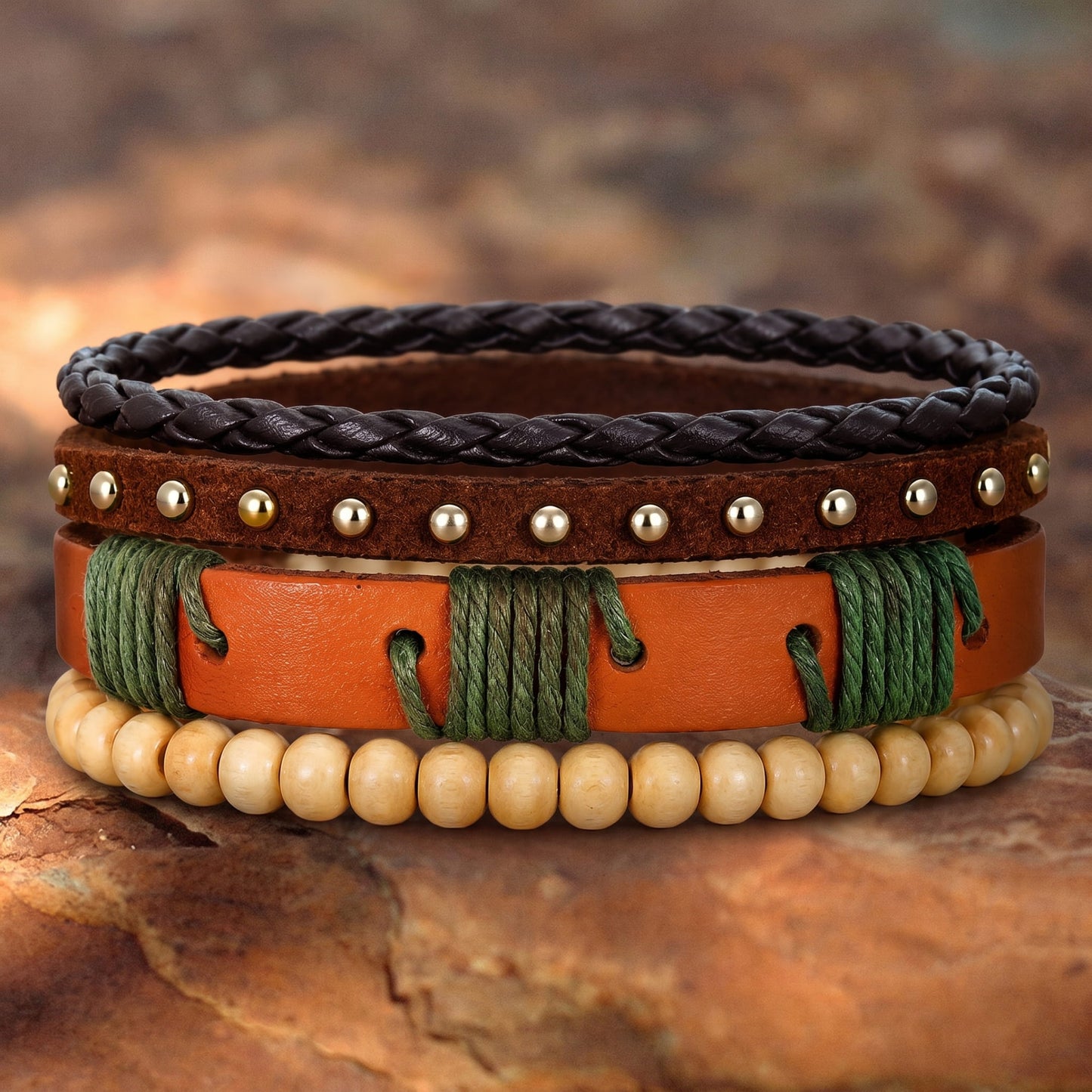 THE MEN THING Leather Bracelet URBAN TRIBE STACK - 3Pcs Genuine Leather Adjustable Bracelets Set for Men & Boys