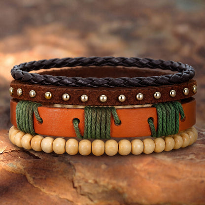 THE MEN THING Leather Bracelet URBAN TRIBE STACK - 3Pcs Genuine Leather Adjustable Bracelets Set for Men & Boys
