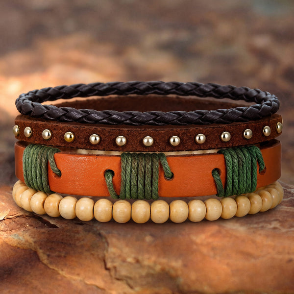 URBAN TRIBE STACK - 3Pcs Genuine Leather Adjustable Bracelets Set for Men & Boys