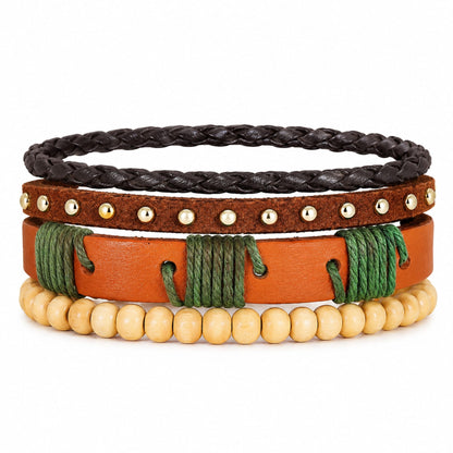 THE MEN THING Leather Bracelet URBAN TRIBE STACK - 3Pcs Genuine Leather Adjustable Bracelets Set for Men & Boys
