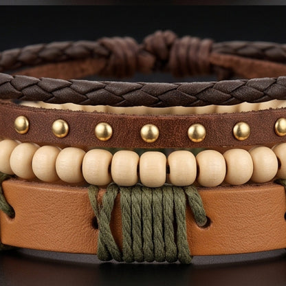THE MEN THING Leather Bracelet URBAN TRIBE STACK - 3Pcs Genuine Leather Adjustable Bracelets Set for Men & Boys