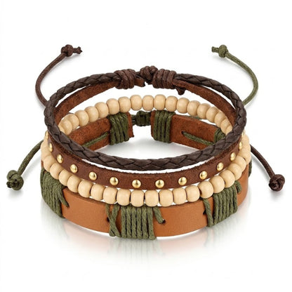 THE MEN THING Leather Bracelet URBAN TRIBE STACK - 3Pcs Genuine Leather Adjustable Bracelets Set for Men & Boys