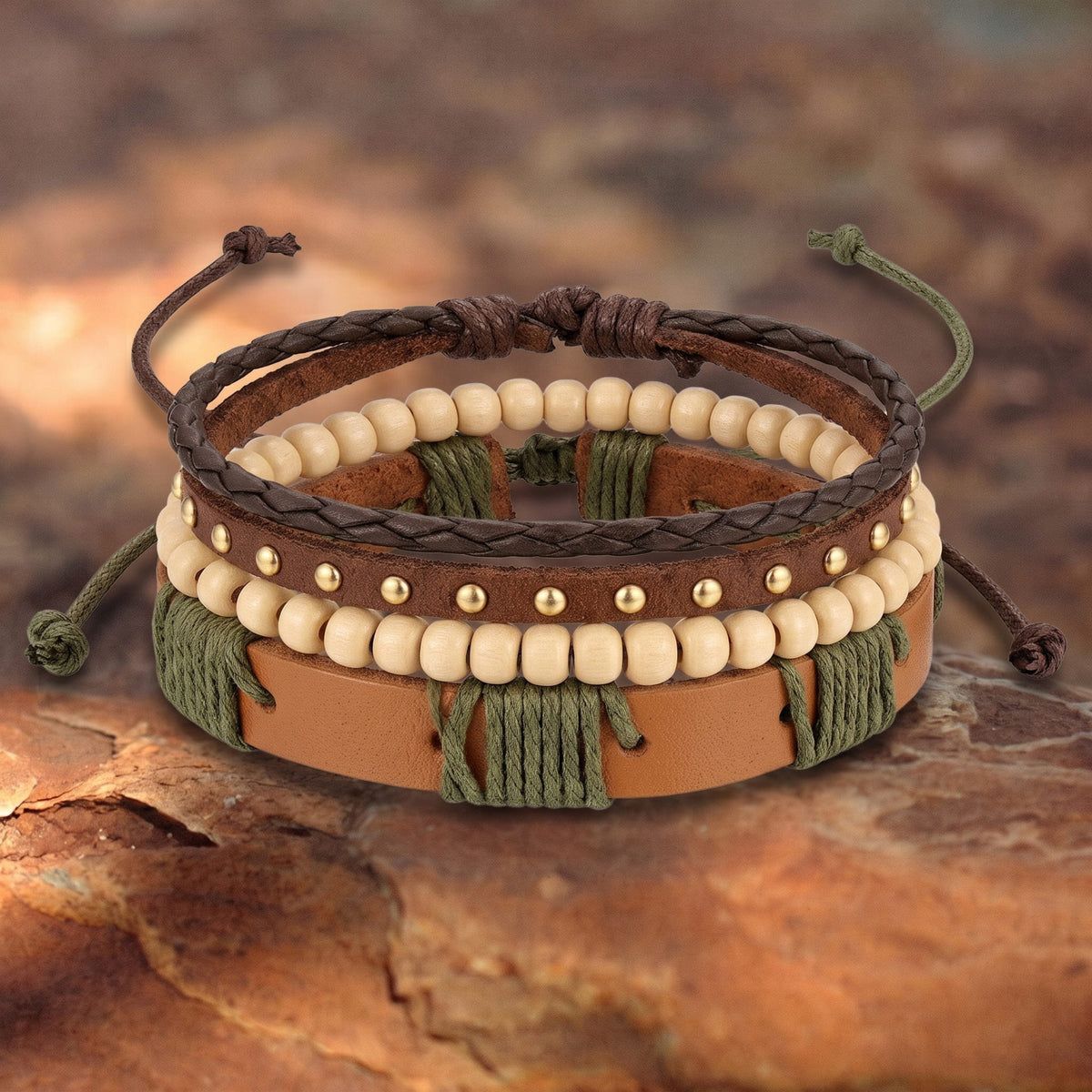 THE MEN THING Leather Bracelet URBAN TRIBE STACK - 3Pcs Genuine Leather Adjustable Bracelets Set for Men & Boys