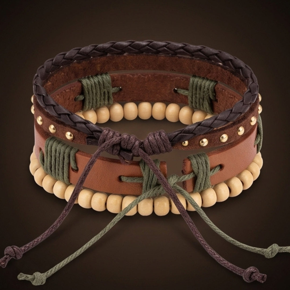 THE MEN THING Leather Bracelet URBAN TRIBE STACK - 3Pcs Genuine Leather Adjustable Bracelets Set for Men & Boys