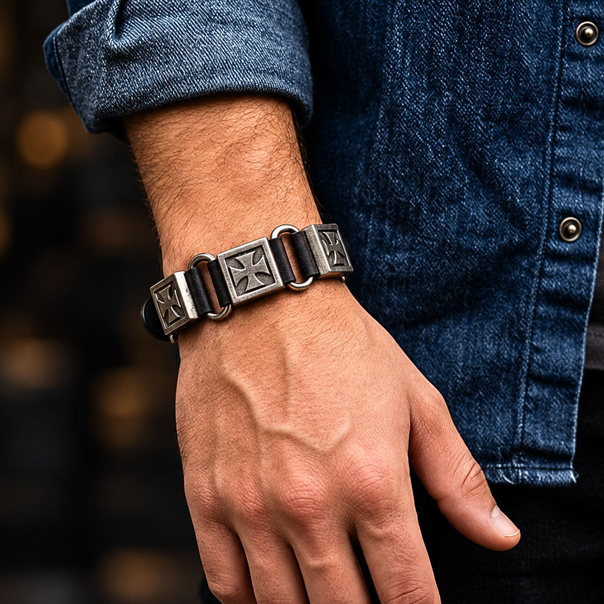 THE MEN THING Leather Bracelet VANGUARD CROSS - Black 23mm Genuine Leather Bracelet with Stainless Steel Buckle Clasp for Men & Boys (8 to 9 inch)