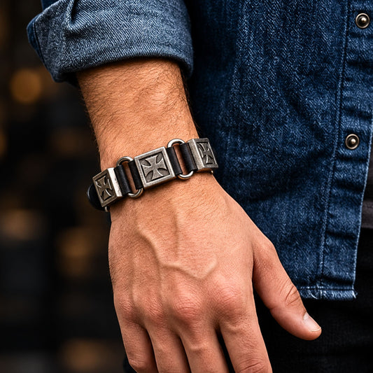 THE MEN THING Leather Bracelet VANGUARD CROSS - Black 23mm Genuine Leather Bracelet with Stainless Steel Buckle Clasp for Men & Boys (8 to 9 inch)