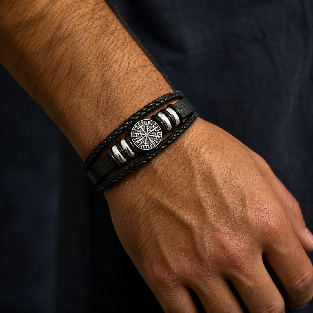 THE MEN THING Leather Bracelet VEGVISIR BLACK – Multi-Layer Leather Bracelet with Stainless Steel Magnetic Buckle for Men & Boys (8 Inch)