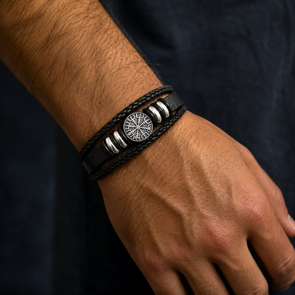 VEGVISIR BLACK – Multi-Layer Leather Bracelet with Stainless Steel Magnetic Buckle for Men & Boys (8 Inch)