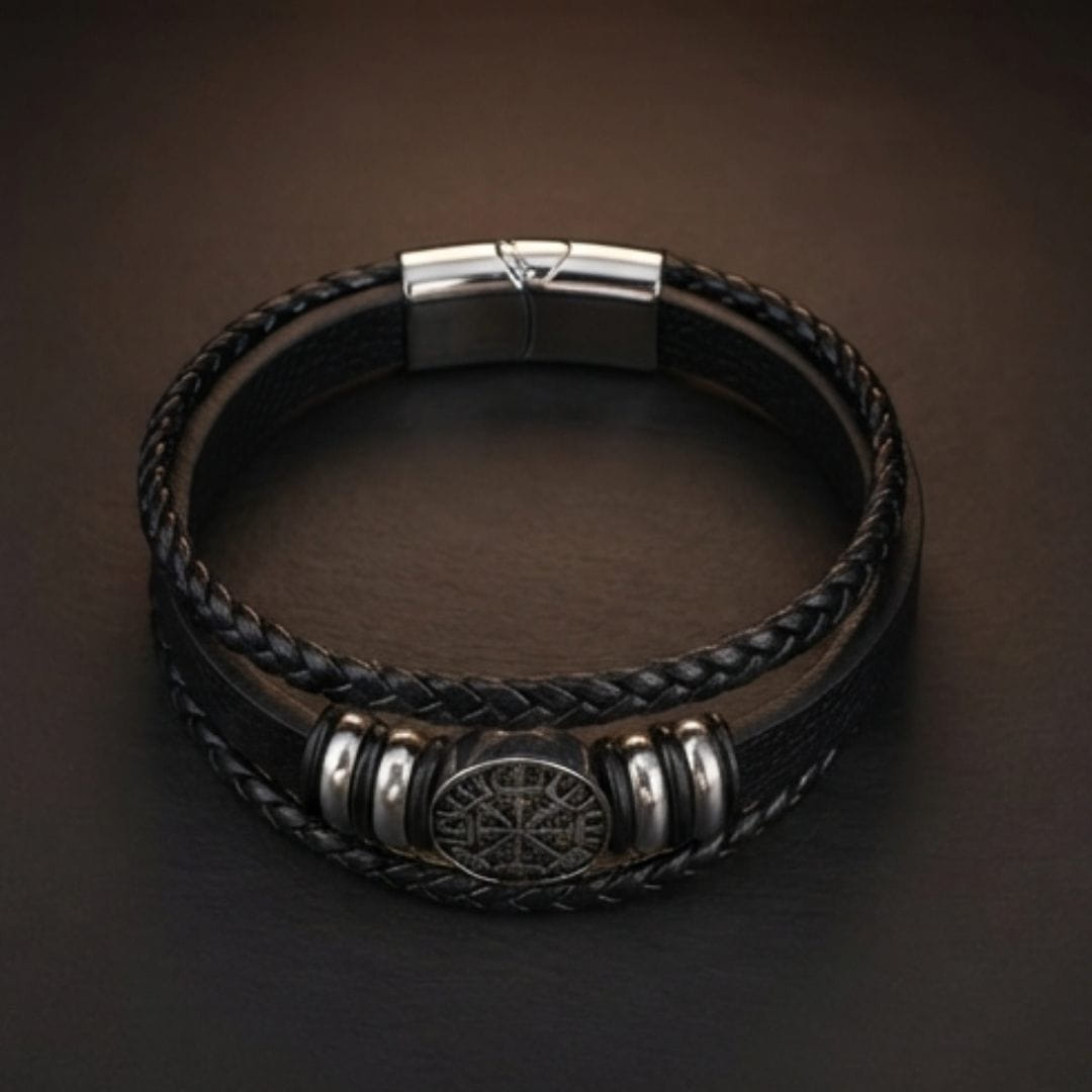 THE MEN THING Leather Bracelet VEGVISIR BLACK – Multi-Layer Leather Bracelet with Stainless Steel Magnetic Buckle for Men & Boys (8 Inch)