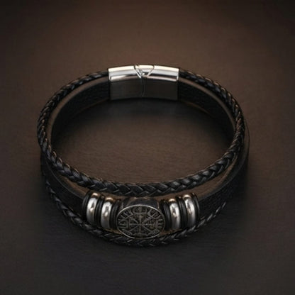THE MEN THING Leather Bracelet VEGVISIR BLACK – Multi-Layer Leather Bracelet with Stainless Steel Magnetic Buckle for Men & Boys (8 Inch)