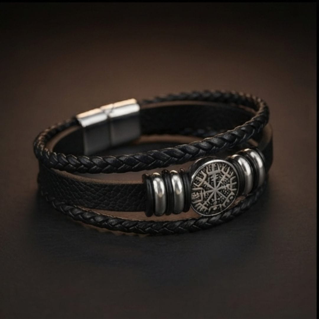 THE MEN THING Leather Bracelet VEGVISIR BLACK – Multi-Layer Leather Bracelet with Stainless Steel Magnetic Buckle for Men & Boys (8 Inch)