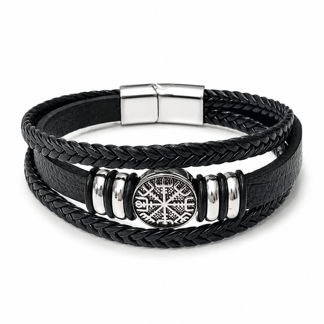 THE MEN THING Leather Bracelet VEGVISIR BLACK – Multi-Layer Leather Bracelet with Stainless Steel Magnetic Buckle for Men & Boys (8 Inch)