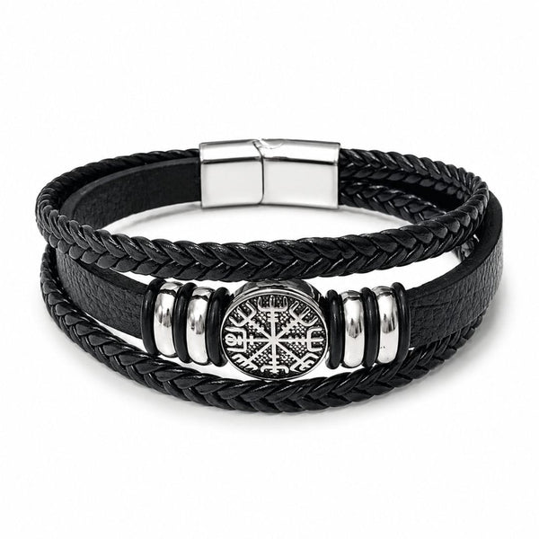 VEGVISIR BLACK – Multi-Layer Leather Bracelet with Stainless Steel Magnetic Buckle for Men & Boys (8 Inch)