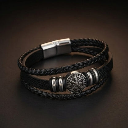 THE MEN THING Leather Bracelet VEGVISIR BLACK – Multi-Layer Leather Bracelet with Stainless Steel Magnetic Buckle for Men & Boys (8 Inch)