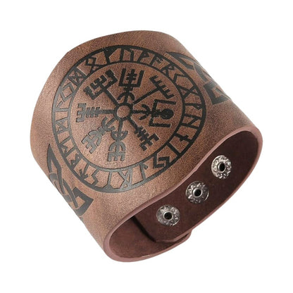 THE MEN THING Leather Bracelet VEGVISIR RUNIC - 50.7mm Brown Genuine Leather Adjustable Bracelet for Men & Boys (9.5 inch)