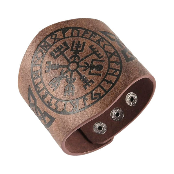 VEGVISIR RUNIC - 50.7mm Brown Genuine Leather Adjustable Bracelet for Men & Boys (9.5 inch)