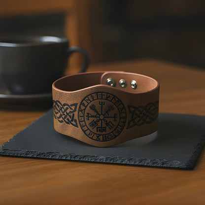 THE MEN THING Leather Bracelet VEGVISIR RUNIC - 50.7mm Brown Genuine Leather Adjustable Bracelet for Men & Boys (9.5 inch)