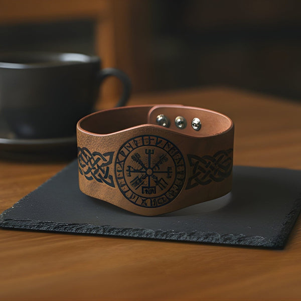 VEGVISIR RUNIC - 50.7mm Brown Genuine Leather Adjustable Bracelet for Men & Boys (9.5 inch)