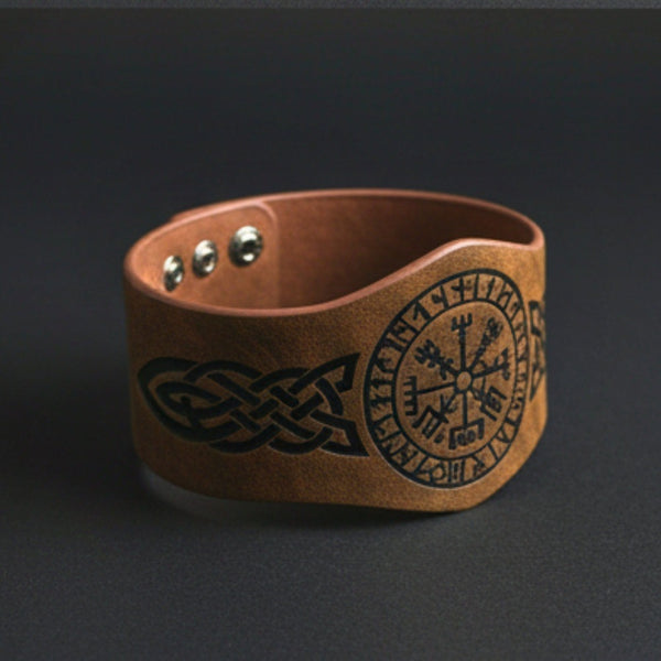 VEGVISIR RUNIC - 50.7mm Brown Genuine Leather Adjustable Bracelet for Men & Boys (9.5 inch)