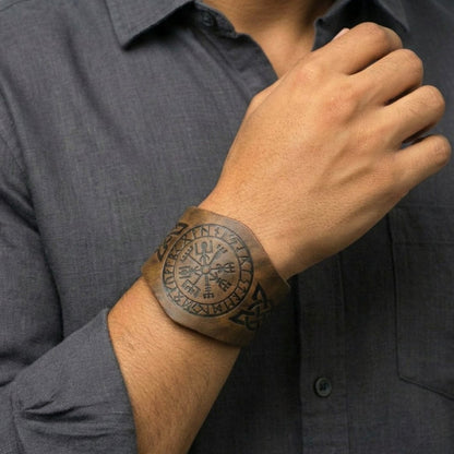 THE MEN THING Leather Bracelet VEGVISIR RUNIC - 50.7mm Brown Genuine Leather Adjustable Bracelet for Men & Boys (9.5 inch)