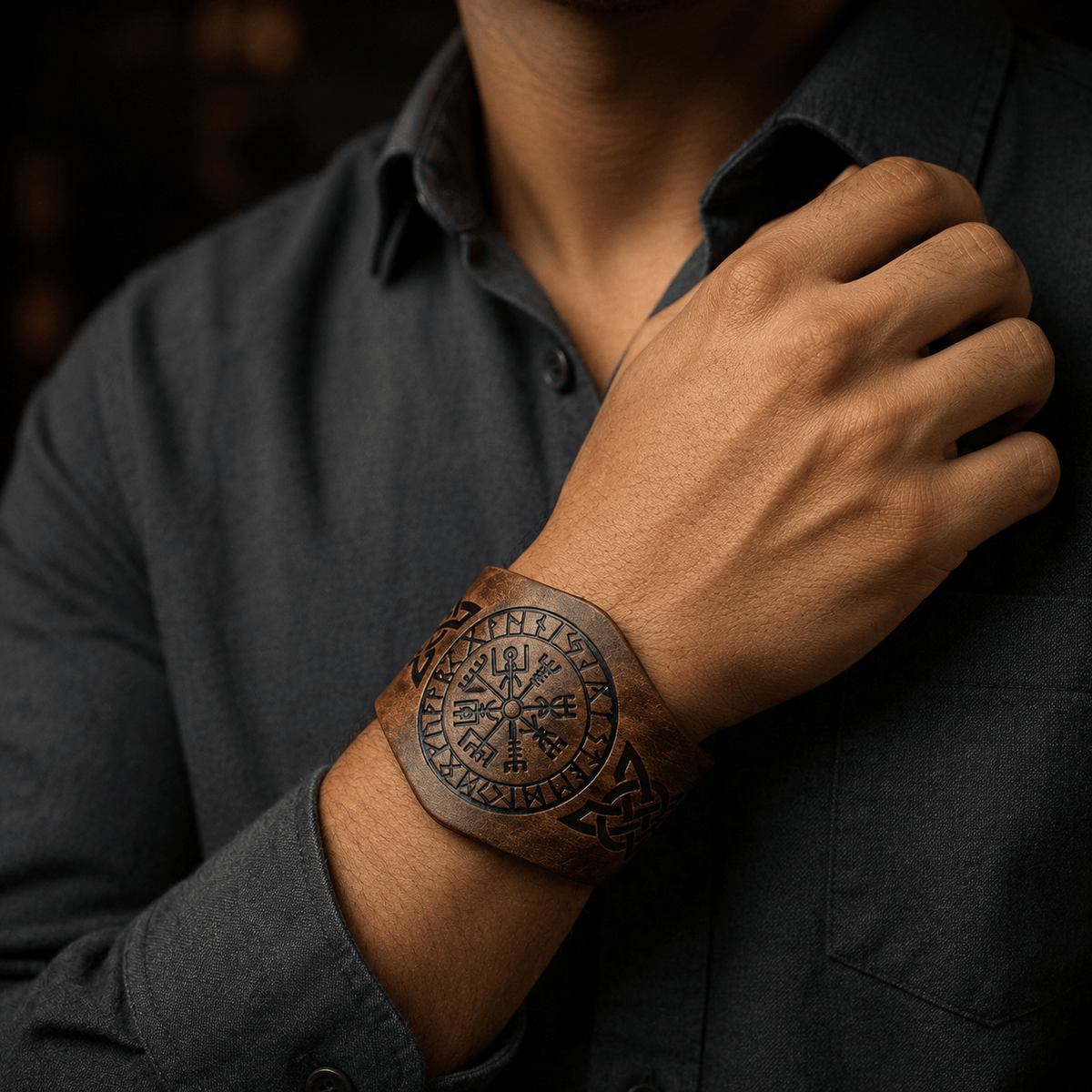THE MEN THING Leather Bracelet VEGVISIR RUNIC - 50.7mm Brown Genuine Leather Adjustable Bracelet for Men & Boys (9.5 inch)