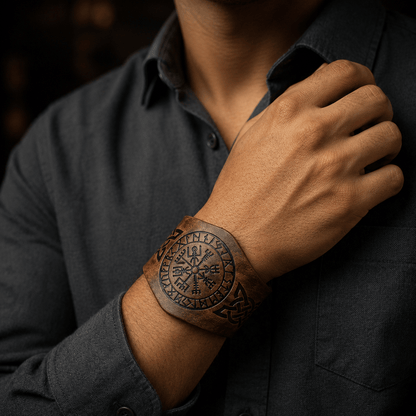 THE MEN THING Leather Bracelet VEGVISIR RUNIC - 50.7mm Brown Genuine Leather Adjustable Bracelet for Men & Boys (9.5 inch)