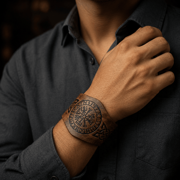 VEGVISIR RUNIC - 50.7mm Brown Genuine Leather Adjustable Bracelet for Men & Boys (9.5 inch)